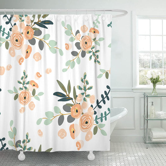 Emvency 72"x72" Shower Curtain Peach Coral Waterproof Blush Pink Floral Bouquets White Rose Flowers Exotic Summer Beach Home Decor Polyester Fabric Adjustable Hook Set