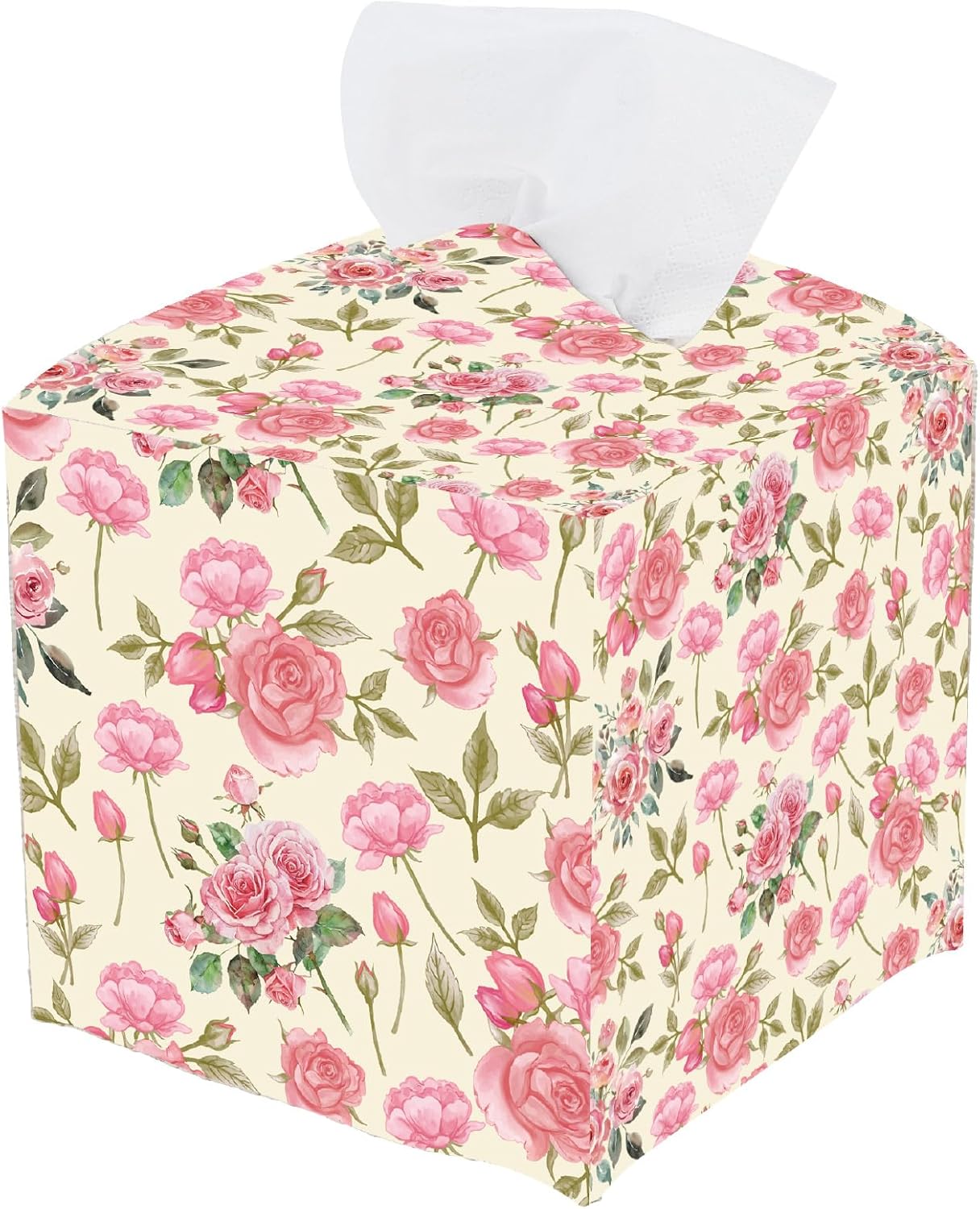 Pink Floral Tissue Box Cover Square Leather Flower Tissue Box Holder Rose Leaves Waterproof Facial Paper Organizer Dispenser for Bathroom Bedroom Kitchen Vanity Home Car Desk Countertop