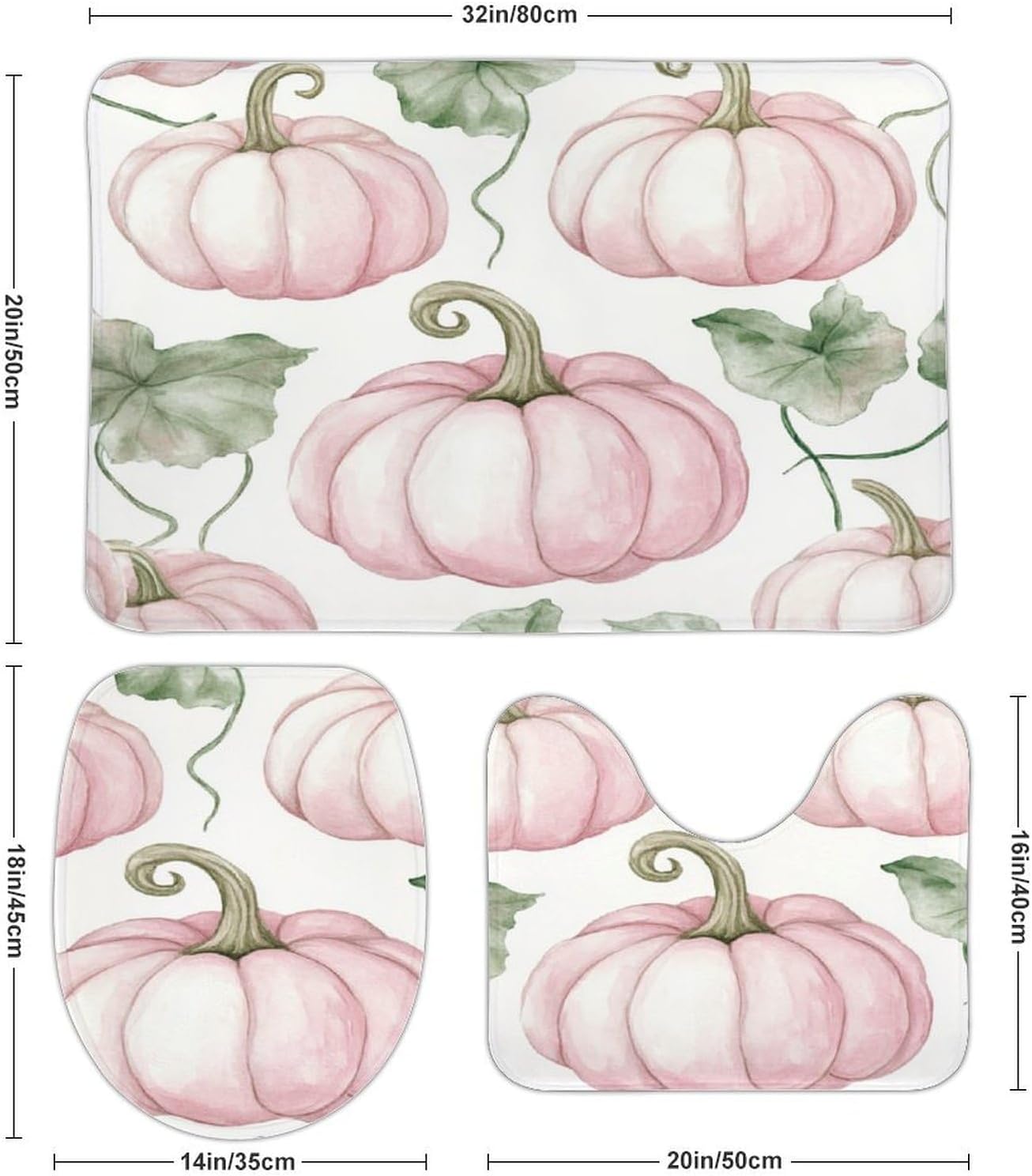 3 Pieces Bathroom Rug Set Light Pink Pumpkins Bath Rug and U-Shape Contoured Toilet Mat & Toilet Lid Cover Mat Farmhouse Thanksgiving Fall Bath Carpet Bath Mats 20"x32"
