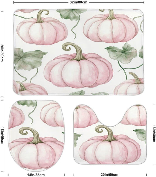 3 Pieces Bathroom Rug Set Light Pink Pumpkins Bath Rug and U-Shape Contoured Toilet Mat & Toilet Lid Cover Mat Farmhouse Thanksgiving Fall Bath Carpet Bath Mats 20"x32"