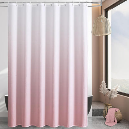 MitoVilla Extra Long Shower Curtain 72 x 84, Pink Ombre 84 inch XL Waffle Fabric Shower Curtains for Modern Luxury Bathroom Decor, Waffle Weave Textured 180GSM Weighted Shower Curtain 84 inch
