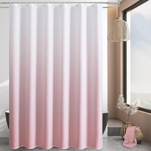 MitoVilla Extra Long Shower Curtain 72 x 84, Pink Ombre 84 inch XL Waffle Fabric Shower Curtains for Modern Luxury Bathroom Decor, Waffle Weave Textured 180GSM Weighted Shower Curtain 84 inch