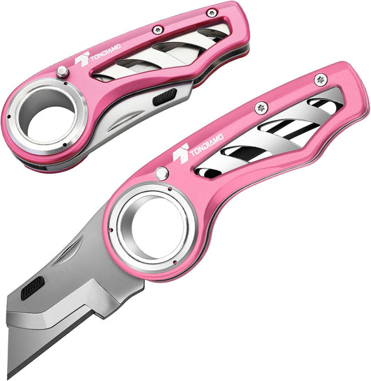 Tondiamo 2 Pcs Folding Pocket Utility Knife Heavy Duty Box Cutter Folding Razor Knife with Anti Slip Finger Loop Easy Change Blades 3 Lock Positions Design (Pink)