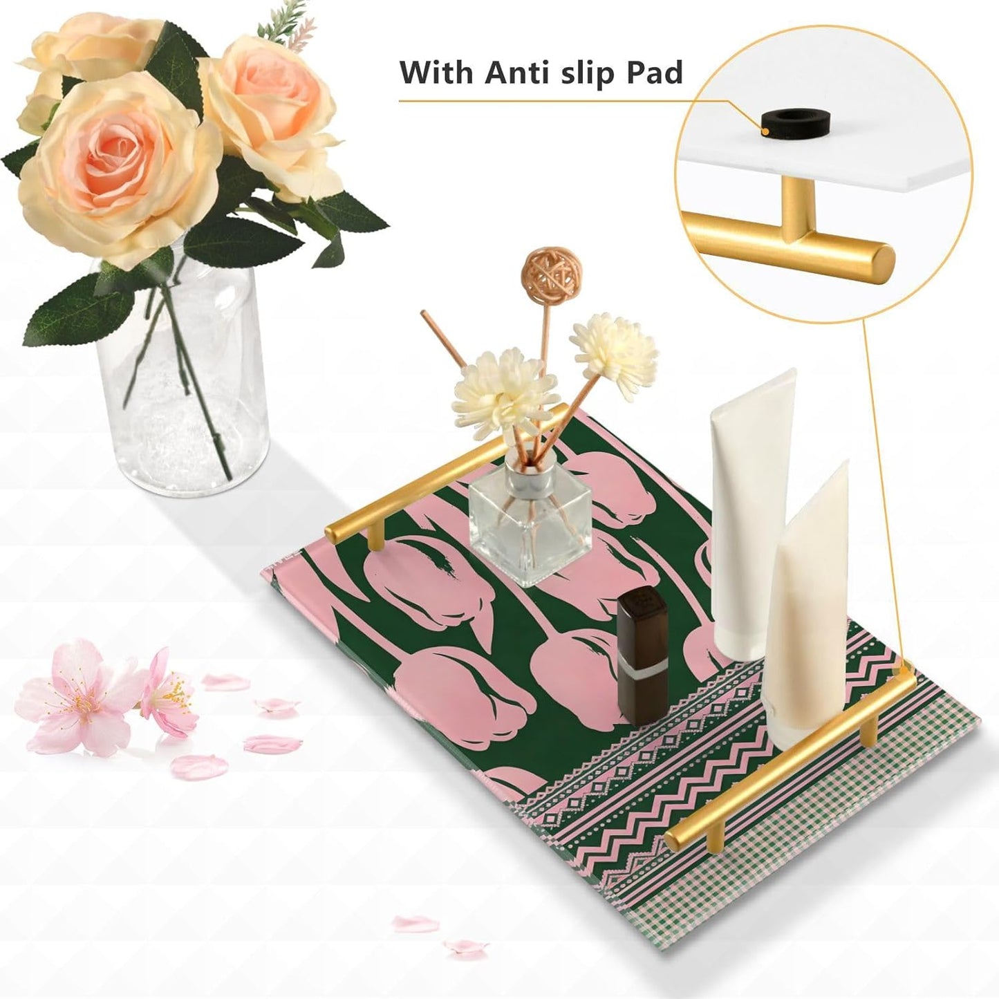 Ethnic Flowers Pastel Peach Decorative Plastic Trays with Handles Trays for Coffee Table for Jewelry Perfume for Bed Serving bandeja para servir con asas
