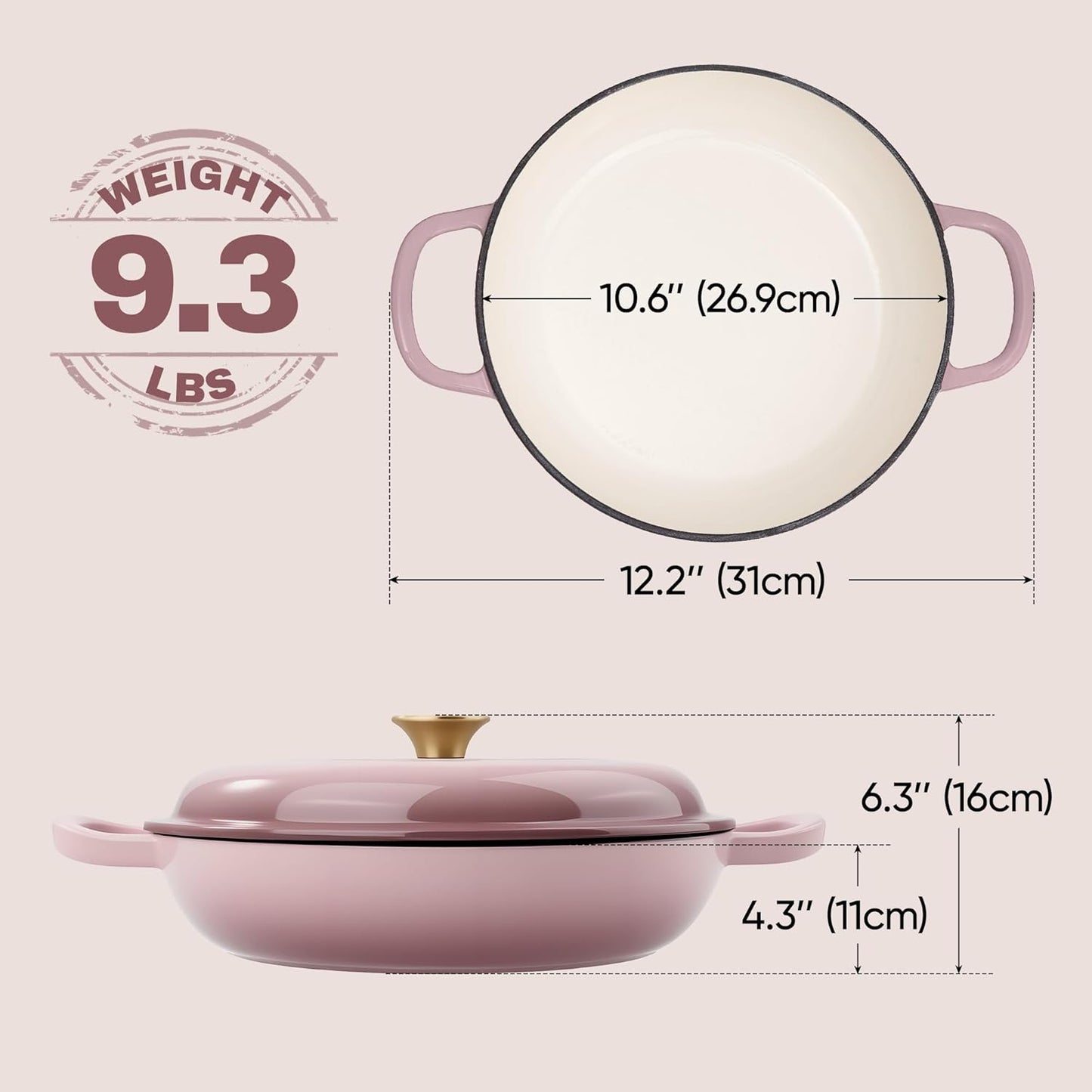 3 Quart Enameled Cast Iron Braiser, Non Stick Enameled Cast Iron Skillet with Lid, Dutch Oven Skillet with lid up to 500°F for Oven, Stove, Grill, Shallow Dutch Oven for Cook, Bake (Pink)