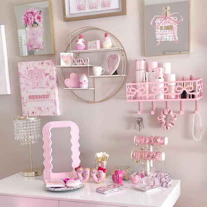 Hicarer Pink Bow Key Holder Wall Mount with Basket and 5 Hooks Decorative Cute Coquette Bow Hooks Hanger Pink Key and Mail Organizer Coquettish Preppy Decor for Entryway Home Apartment Dormitory