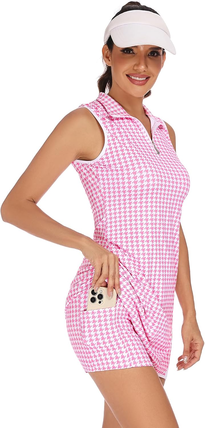 Koscacy Womens Tennis Dress Sleeveless Golf Dresses with Shorts Zip Up Stand Collar Workout Athletic Outfits