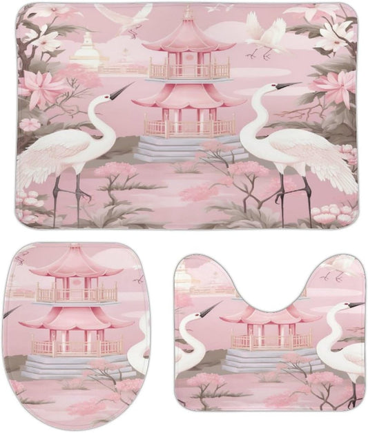 Chinoiserie Light Pink Pagoda and Cranes Bathroom Rugs Bath Mats Set 3 Piece 20"x32" Vintage Garden Plants Bath Rugs and U-Shaped Contour Toilet Rug Bath Mats Shower Mats Bath Rug Mat
