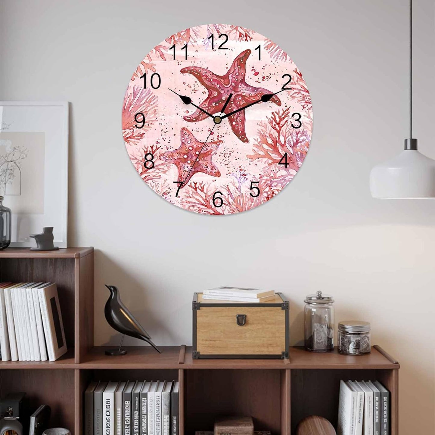 LooPoP Wall Clock Red Pink Starfish Clocks PVC Silent Non-Ticking Battery Operated Decorative Coastal Ocean Coral Round Clock for Home Living Room Kitchen Bedroom Office School Wall Decor 14 Inch