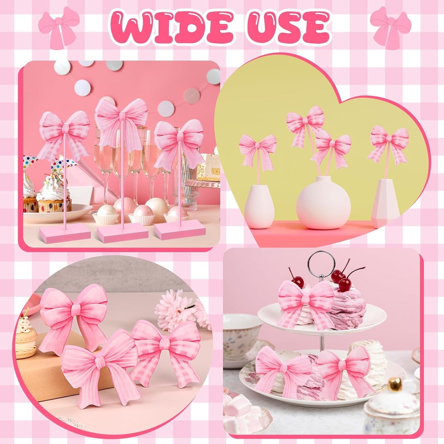 3 Pcs Small Bow Wooden Sign Tall Standing Block Coquette Room Decor Bow Centerpieces for Table Topper Girly Coquette Party Tiered Tray (Pink Bow)