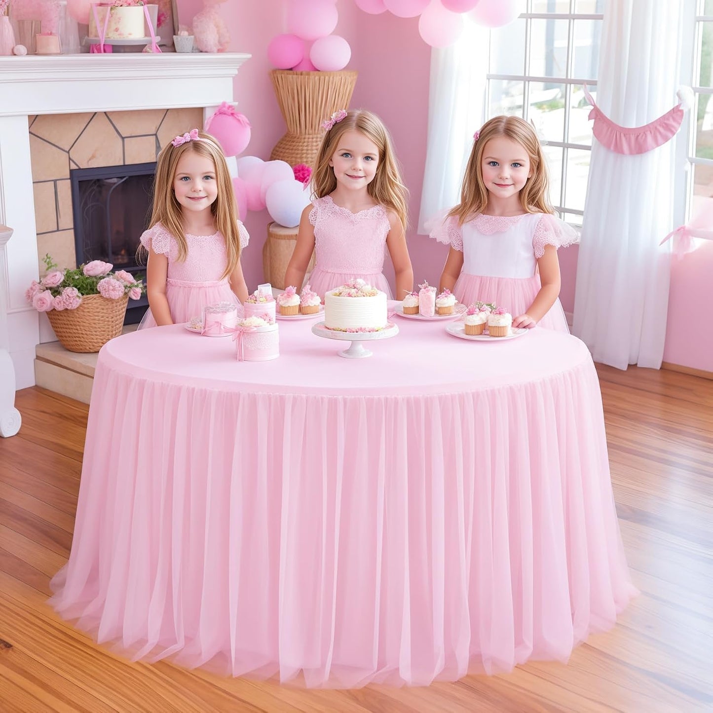 HB HBB MAGIC Light Pink Round Tablecloth 48 inch Stretchy Elastic Fitted Round Table Cloth Cover, Pink Table Cloths for Parties Tulle Table Cloth with Skirt Wedding Bridal Shower Tables Decoration