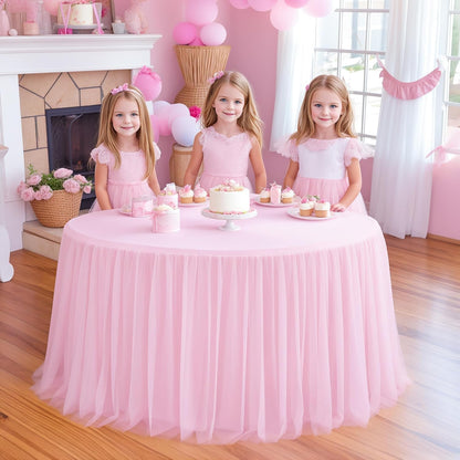HB HBB MAGIC Light Pink Round Tablecloth 48 inch Stretchy Elastic Fitted Round Table Cloth Cover, Pink Table Cloths for Parties Tulle Table Cloth with Skirt Wedding Bridal Shower Tables Decoration