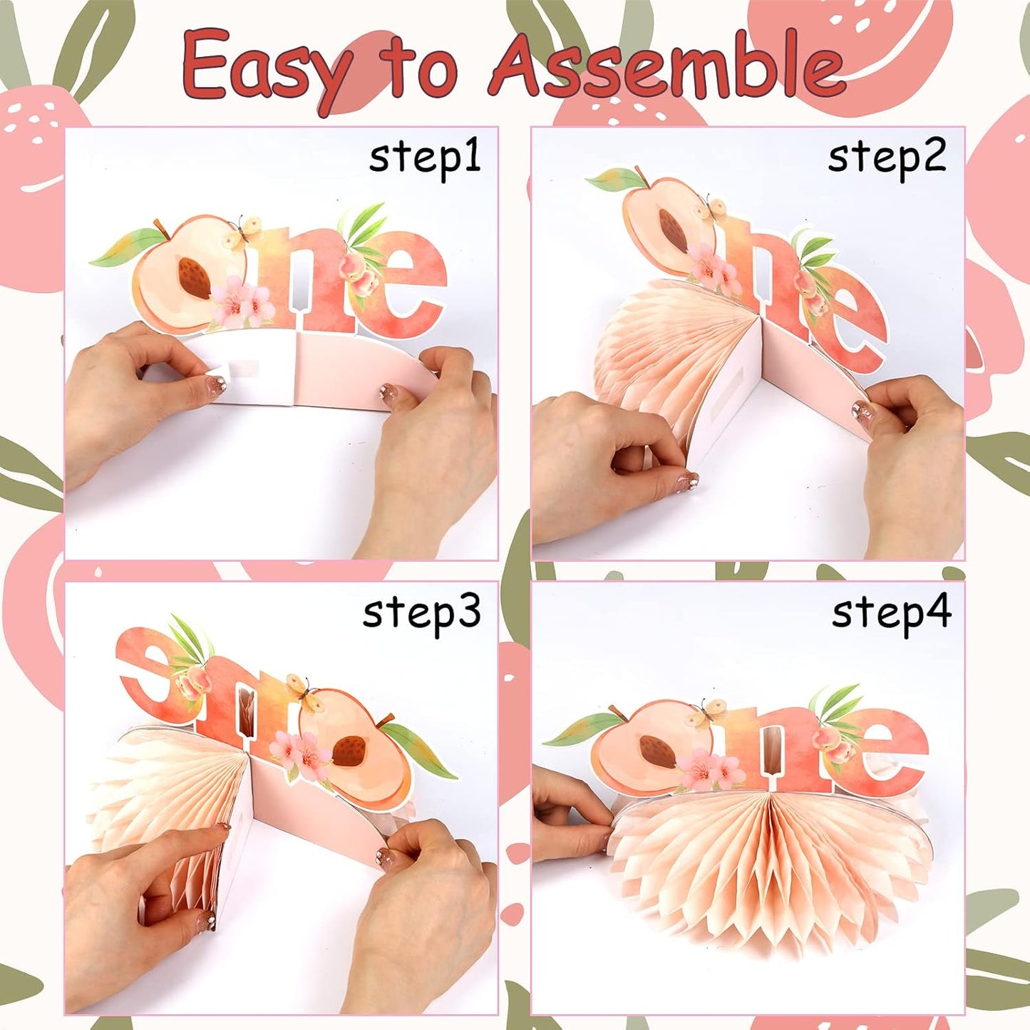 Peach Honeycomb Centerpieces Decorations - Peach First Birthday Decorations Girl, Double-Sided Printing One Sweet Peach Honeycomb Centerpiece for Fruit Themed Birthday Party