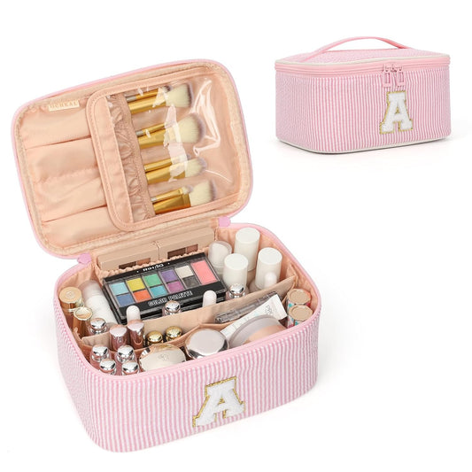 OCHEAL Makeup Bag for Women, Monogram Cosmetic Bag Pink Travel Makeup Case Beauty Toiletry Bag Organizer Personalized Gifts for Girls Bridesmaid, Sister, Wife, Friends Initial A