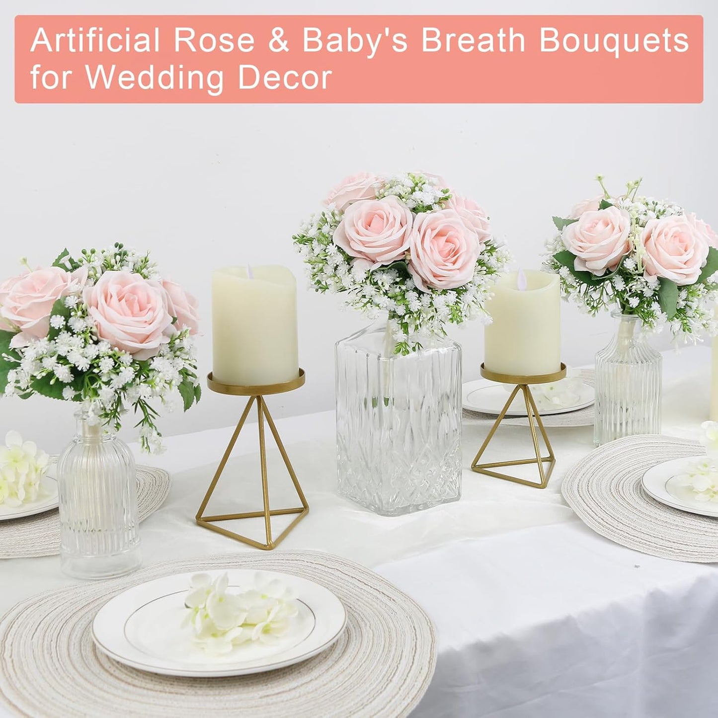 Set of 4 Wedding Bridesmaid Bouquet -7 Inch Artificial Rose & Babys Breath Bouquets for Bridesmaid, Pre-Made Wedding Silk Flowers Bouquet, Small Bridesmaids Bouquet Sets -Peach Pink
