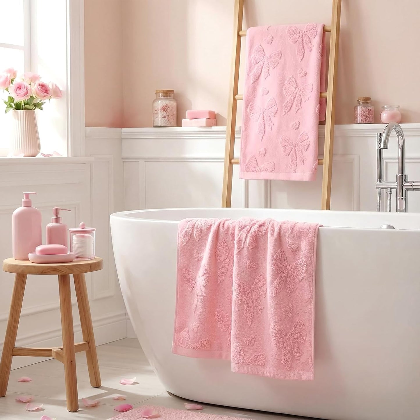 2pcs Pink Bow Hand Towels for Bathroom Pink Cotton Jacquard Kitchen Bath Hand Towels Set Decorative Weave Cute 3D Kitchen Dish Towel Reversible Soft Absorbent Bathroom Towel Home Decor Gift
