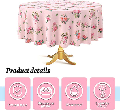 Kinlop 6 Pcs Plastic Round Tea Party Tablecloths 70" Floral Table Cloth Decorative Disposable Outdoor Flower Table Cover Disposable Summer Tabletop for Partys Picnic (Tea Party,Pink)
