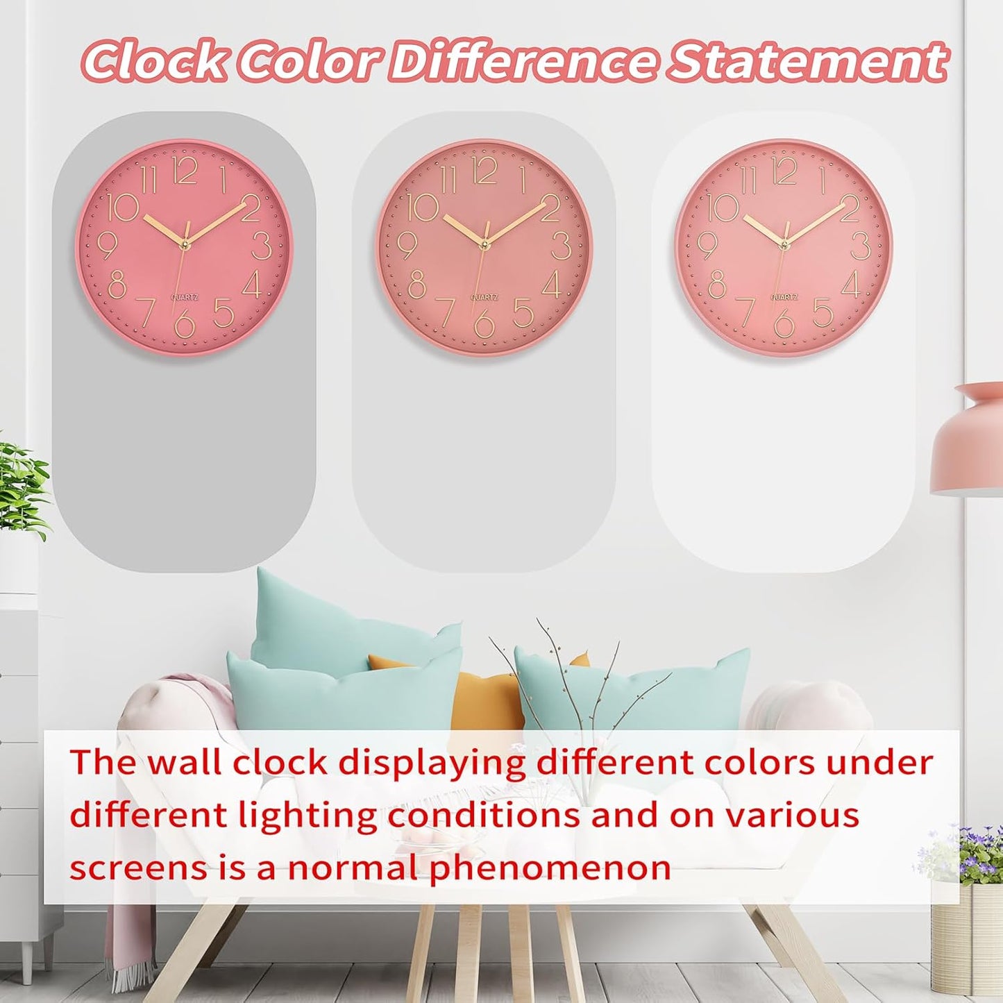 Lumuasky Pink Wall Clock Modern Battery Operated Analog Small Cute Silent Non-Ticking Decorative Clock for School Office Classroom Bedroom Kitchen Living Room Nursery Decor (10 inch)