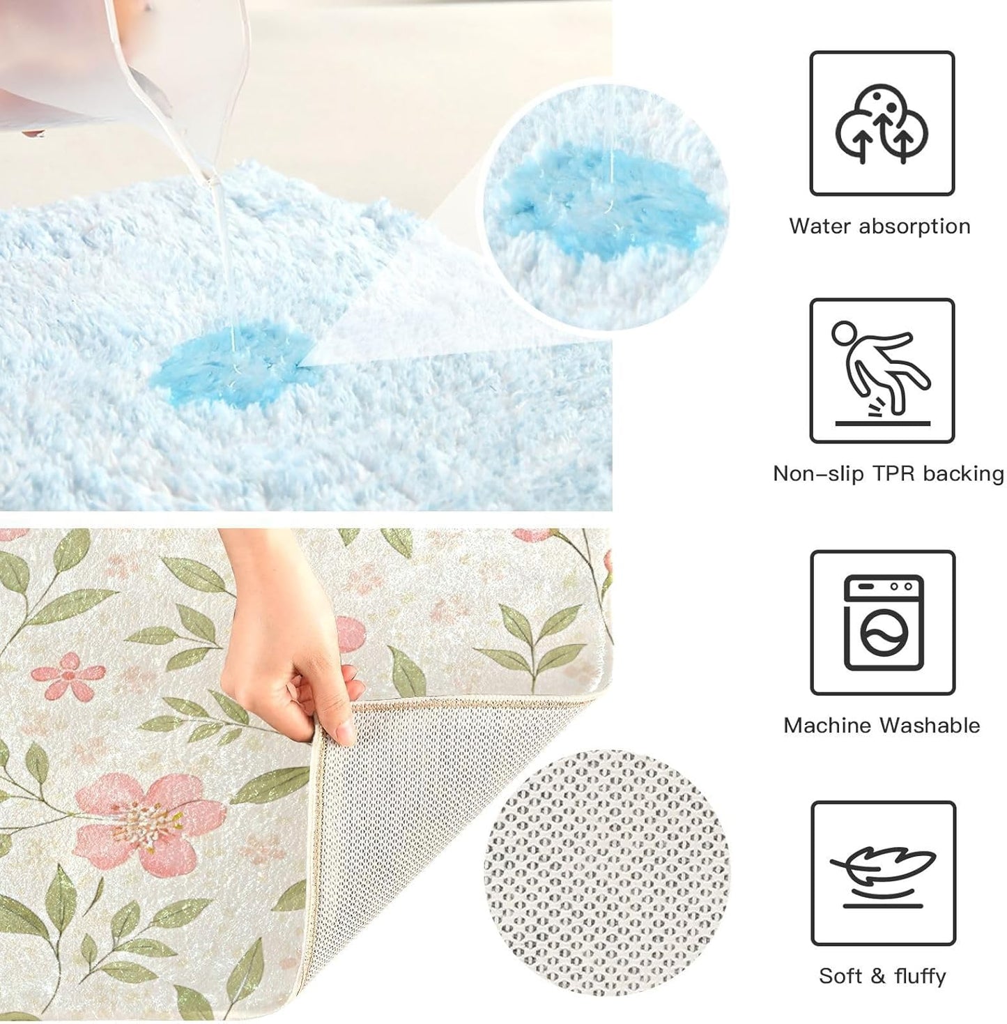 Watercolor Flowers Pink Bathroom Mat Rug 24" x 16" Non Slip Super Absorbent Quick Dry Bath Mats for Bathtub Fluffy Rugs