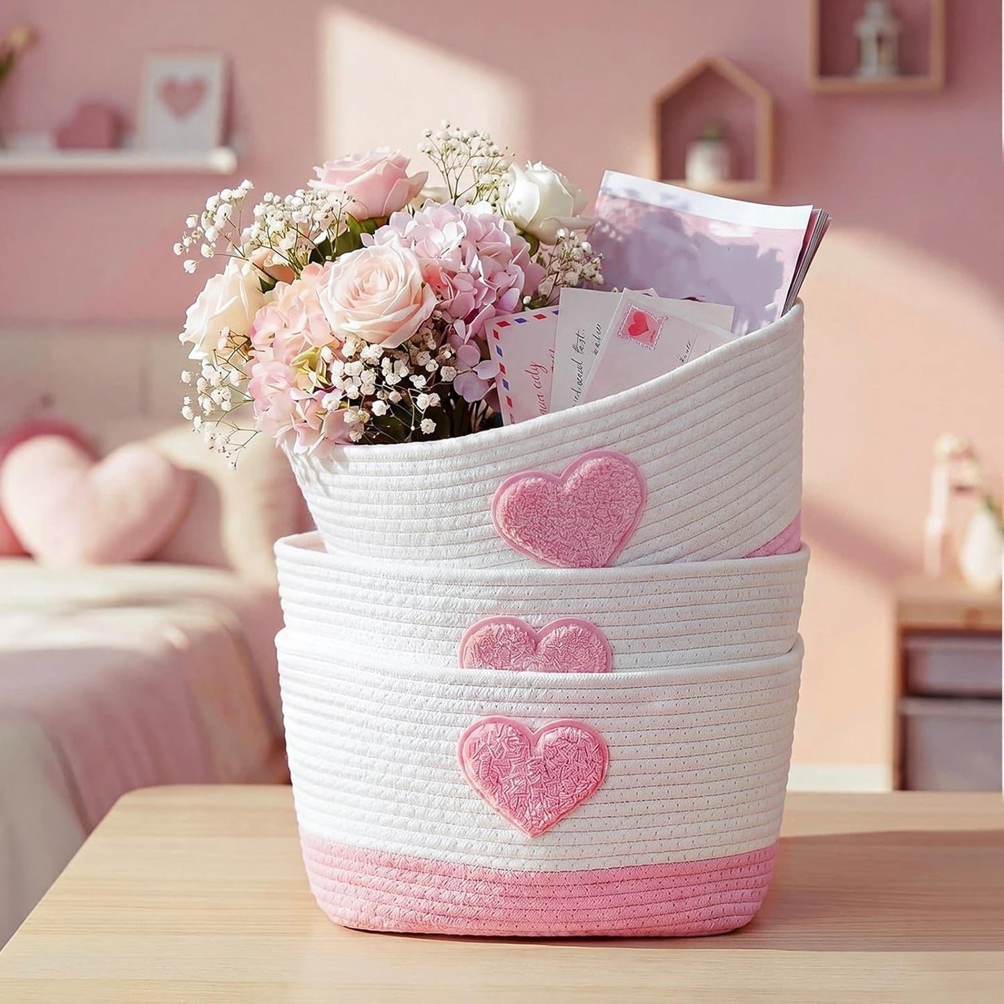 3-tier Heart Theme Cotton Rope Hanging Basket Organizer, Wall Storage Bin with Hooks, Pink White over Door Decorative Nursery Closet Hanging Accessories