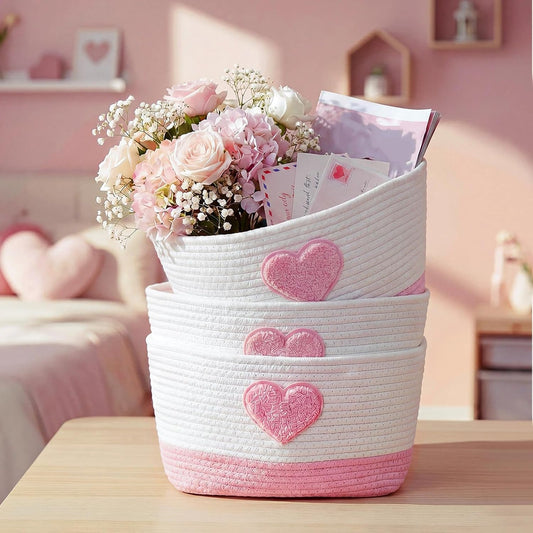 3-tier Heart Theme Cotton Rope Hanging Basket Organizer, Wall Storage Bin with Hooks, Pink White over Door Decorative Nursery Closet Hanging Accessories