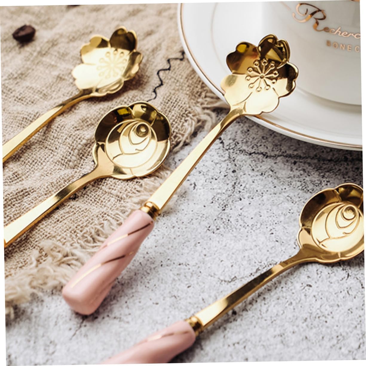 Mobestech 4pcs Dessert Spoons with Elegant Flower Ceramic Handles Creative Mixing and Cake Serving Utensils Stylish Pink Gold Design Practical for Coffee Tea and Beverages