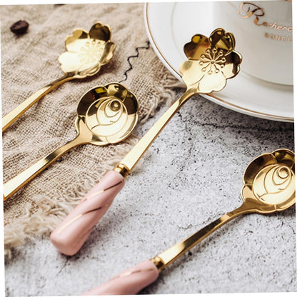 Mobestech 4pcs Dessert Spoons with Elegant Flower Ceramic Handles Creative Mixing and Cake Serving Utensils Stylish Pink Gold Design Practical for Coffee Tea and Beverages