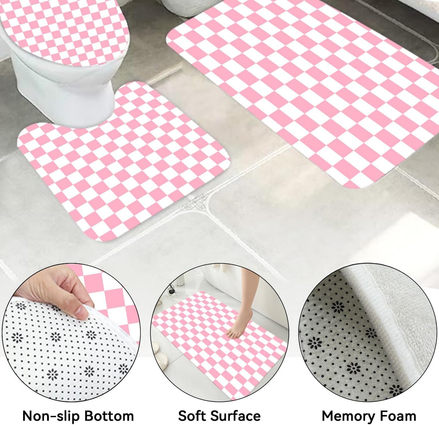 4 PCS Checkered Shower Curtain Sets Fun Gingham Bathroom Sets Soft Non Slip Bath Rugs Toilet Cover U-Shaped Mat Retro Bright Waterproof Shower Curtains with 12 Hooks for Tub Toilet, Pink