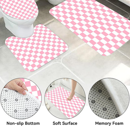 4 PCS Checkered Shower Curtain Sets Fun Gingham Bathroom Sets Soft Non Slip Bath Rugs Toilet Cover U-Shaped Mat Retro Bright Waterproof Shower Curtains with 12 Hooks for Tub Toilet, Pink