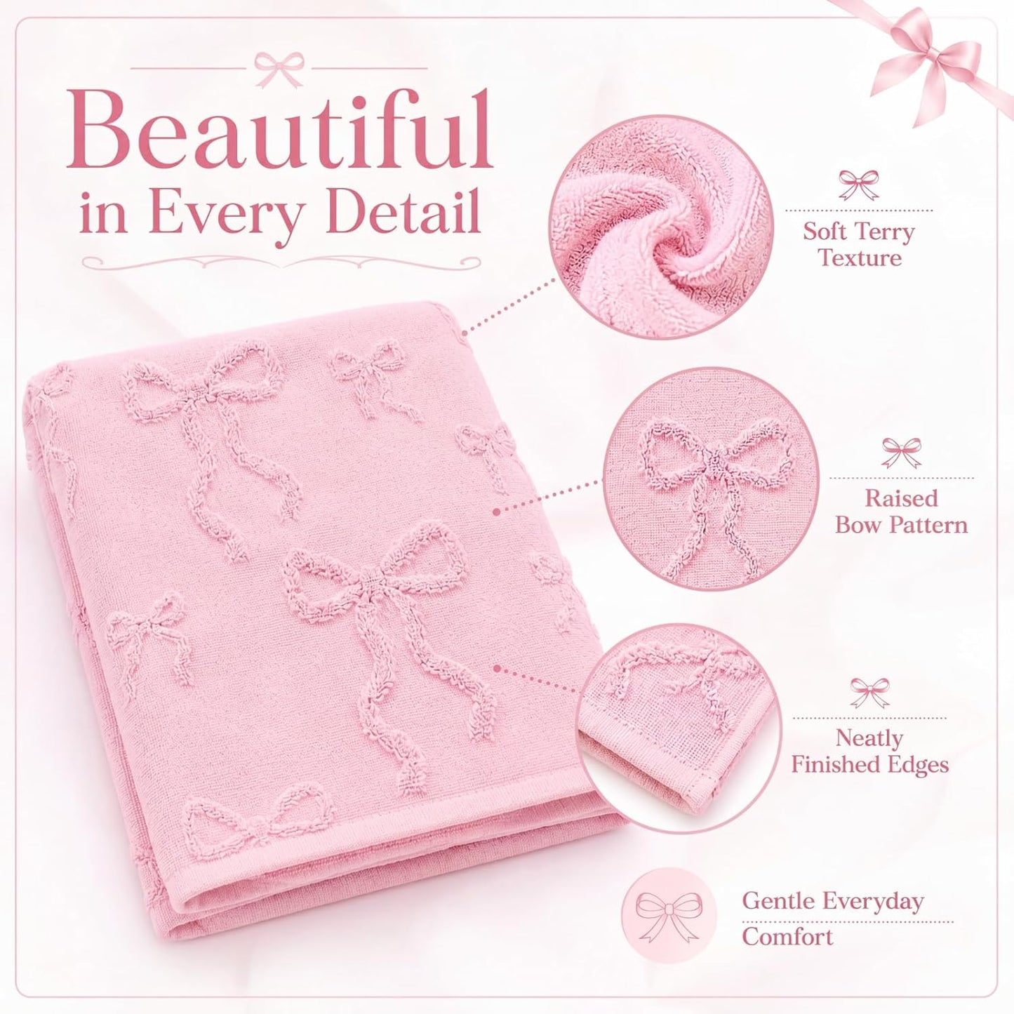 Peryiter 6 Pack Cotton Bath Towels Set, Coquette Bow Cute Bathroom Decor Wedding Gift, Soft Absorbent Decorative Towel Set, 2 Bath Cloth 2 Hand Towels 2 Washcloths