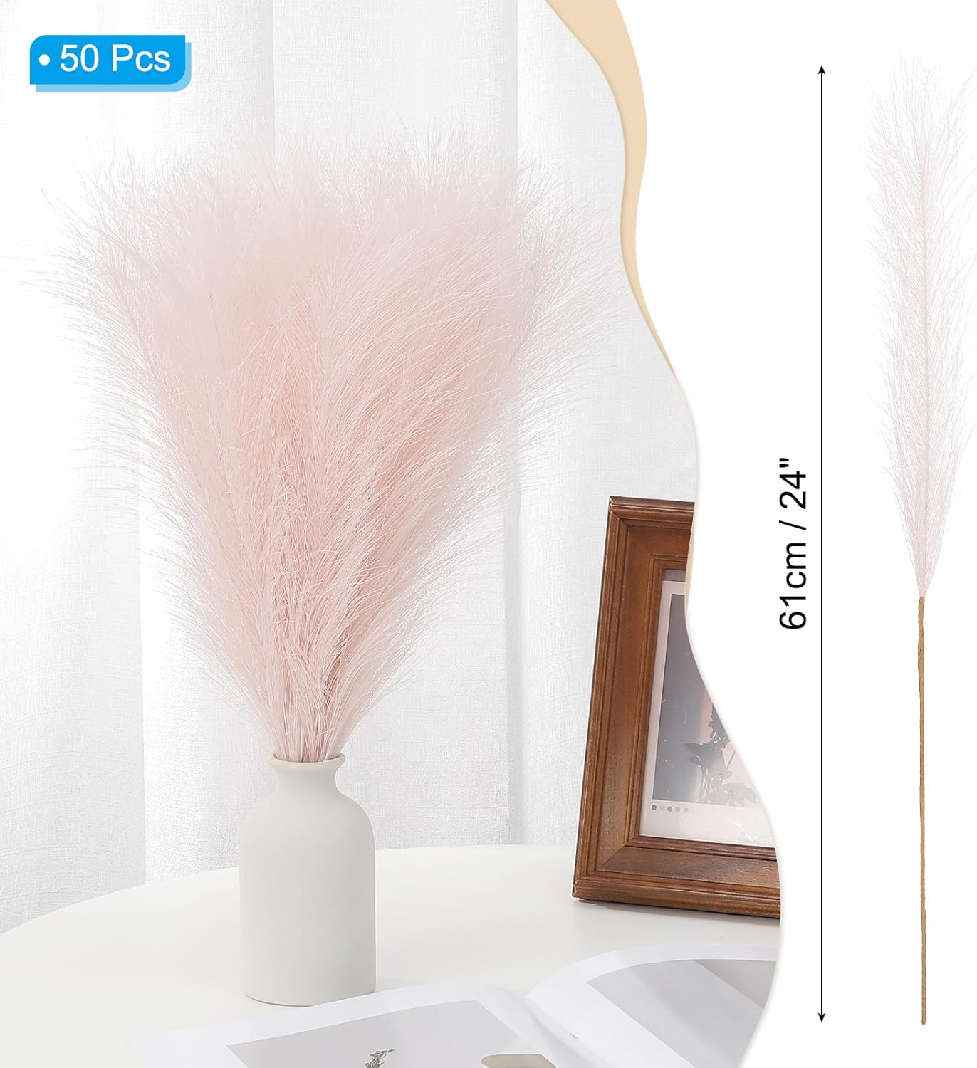 PATIKIL 24in Pampas Grass Decor, 50pcs Artificial Pampas Grass Bulk Fluffy Faux Pampas Grass Small Dried for Home Boho Decor Vase Wedding Wall Ground, Pink