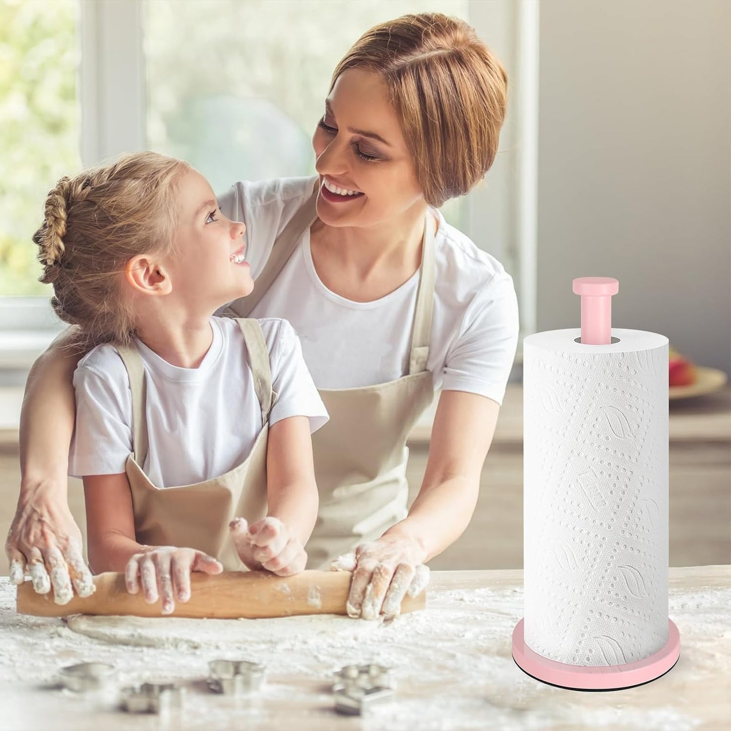 Pink Paper Towel Holder Countertop, Stainless Steel Paper Towel Roll Holder for Kitchen Bathroom, with Weighted Base for One-Handed Operation, Pink Paper Towel Holder