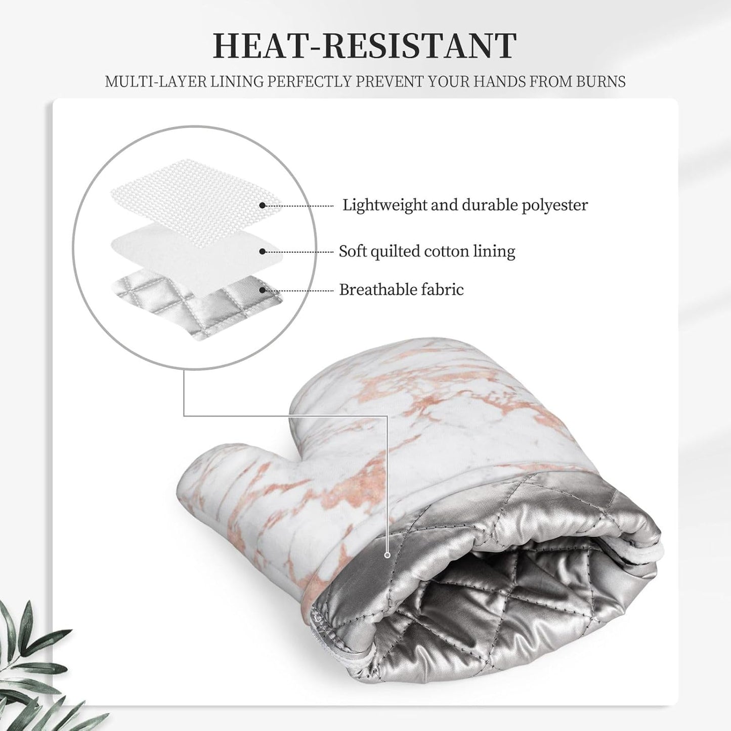 White and Rose Gold Foil Marble Oven Mitts 2 Pack Kitchen Heat Resistant Oven Gloves with Non-Slip Silicone Surface