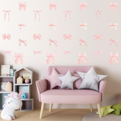 28 Pcs Pink Bow Wall Stickers, Bow Room Decor for Girls, Peel and Stick Wall Stickers for Girls Room Nursery Bedroom Bedroom (6 Size)