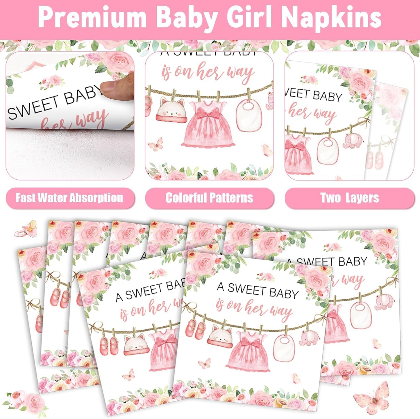 Justforjoyful 200Pcs Floral Baby Girl Shower Plates and Napkins Decoration Pink Girl Party Tableware Dinnerware Set Spring Rose Gold Paper Plates for Baby Gender Reveal Party Supplies Serves 50