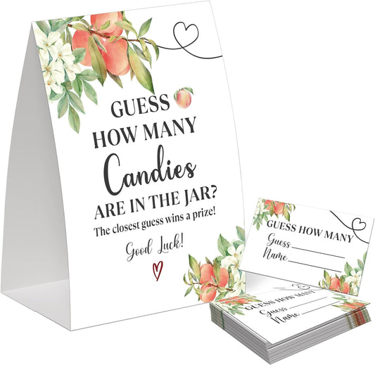 Sweet Peach Guess How Many Candies Are in the Jar Game for Baby Shower, Pack of One 5x7 Sign and 50 Guessing Cards, White Floral Peach Baby Shower Decoration, Gender Neutral Party Supplies - GC06