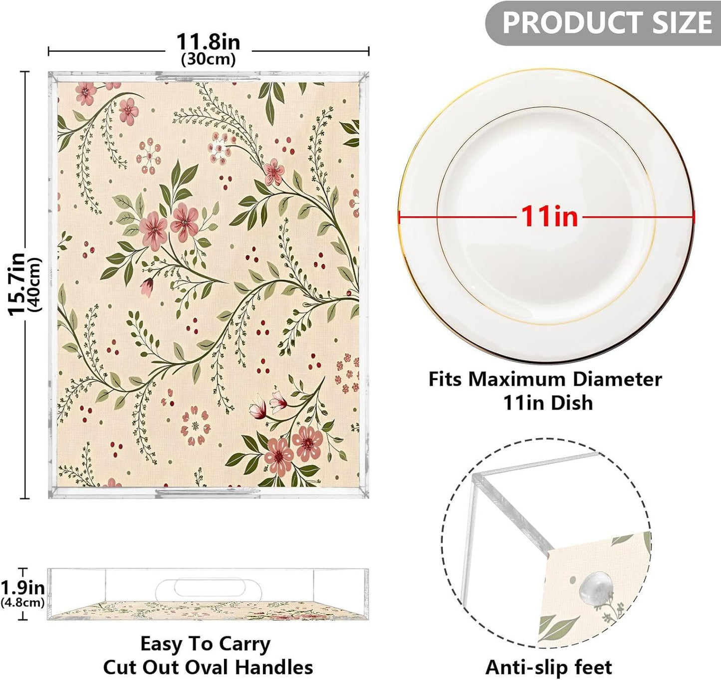 Soft Pink Floral Serving Tray 12" x 16" Acrylic Trays with Handles Decorative Serving Platter for Coffee, Breakfast in Bed, Dinner, Appetizers, Patio, Party