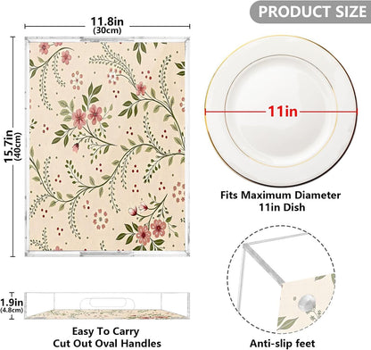 Soft Pink Floral Serving Tray 12" x 16" Acrylic Trays with Handles Decorative Serving Platter for Coffee, Breakfast in Bed, Dinner, Appetizers, Patio, Party