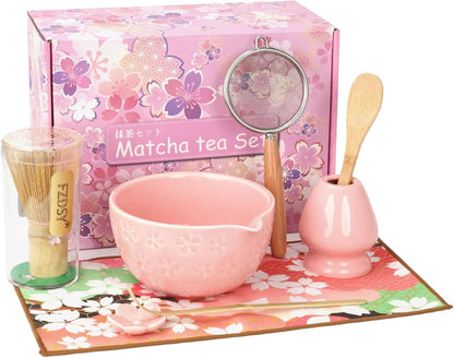 Sakura Matcha Whisk Set, 8 PCS Japanese-Style Matcha Kit with Cherry Blossom Matcha Bowl, Bamboo Whisk & Holder, Scoop, Spoon Rest, Wooden-Handle Sifter & Gift Box for Matcha Lovers (Pink)