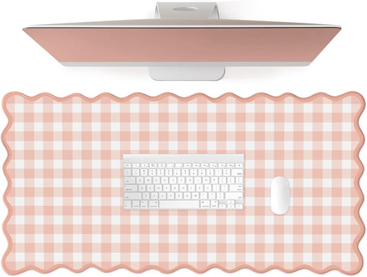 Scalloped‌ Pink Checkered Gingham Desk Mat Cute Pastel Large Mouse Pad Kawaii Cottagecore ‌Vintage‌ Girly Laptop Keyboard Computer Mat Pad Aesthetic Cozy Office Desk Decor for Women