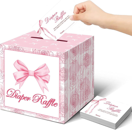 51Pcs Diaper Raffle Box and Diaper Raffle Tickets, Pink Bow Baby Shower Decorations for Girl，Hilarious Baby Shower Games for Girl