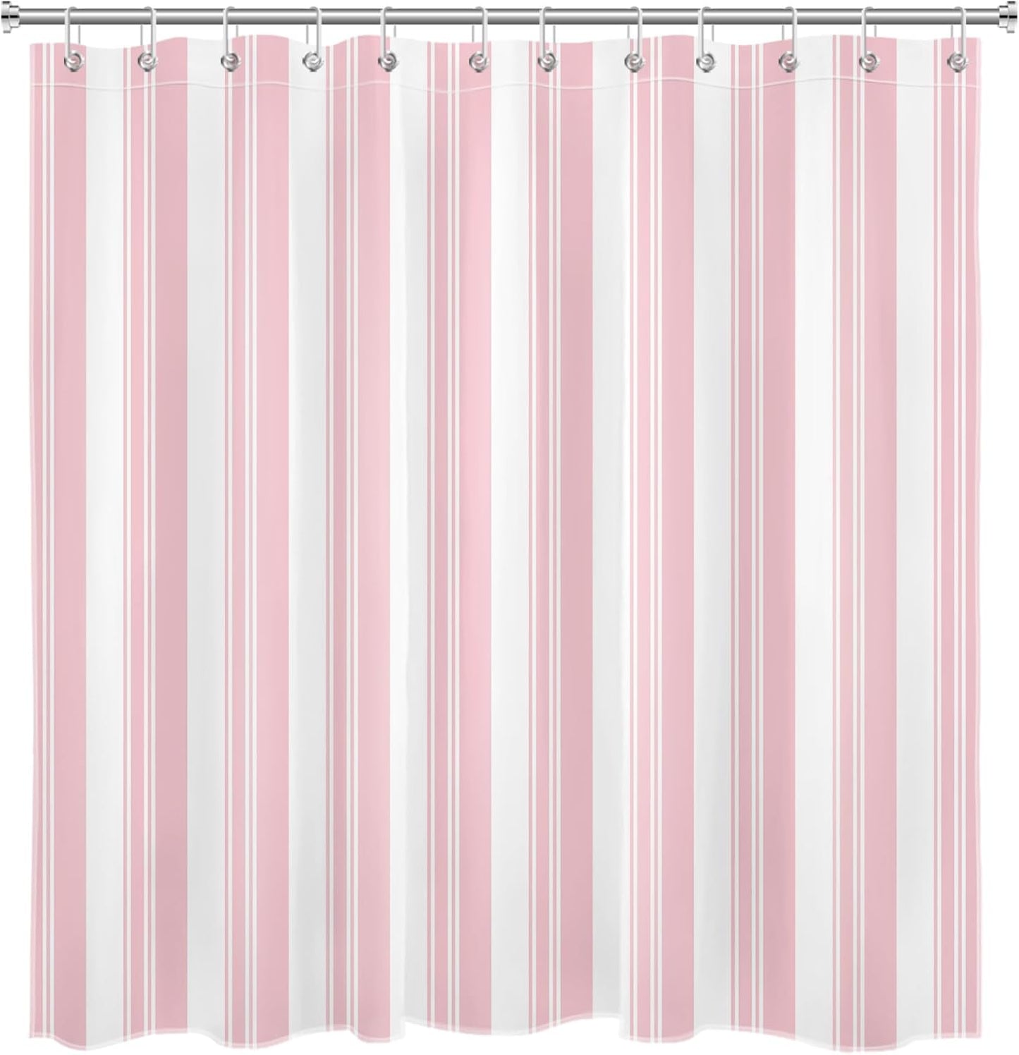 LB Pink Vertical Striped Shower Curtain for Bathroom, Aesthetic Modern Pink and White Stripe Fabric Shower Curtain with Hooks,Vintage Stripes Farmhouse Bathroom Curtain Shower Set,72" W x 72" L