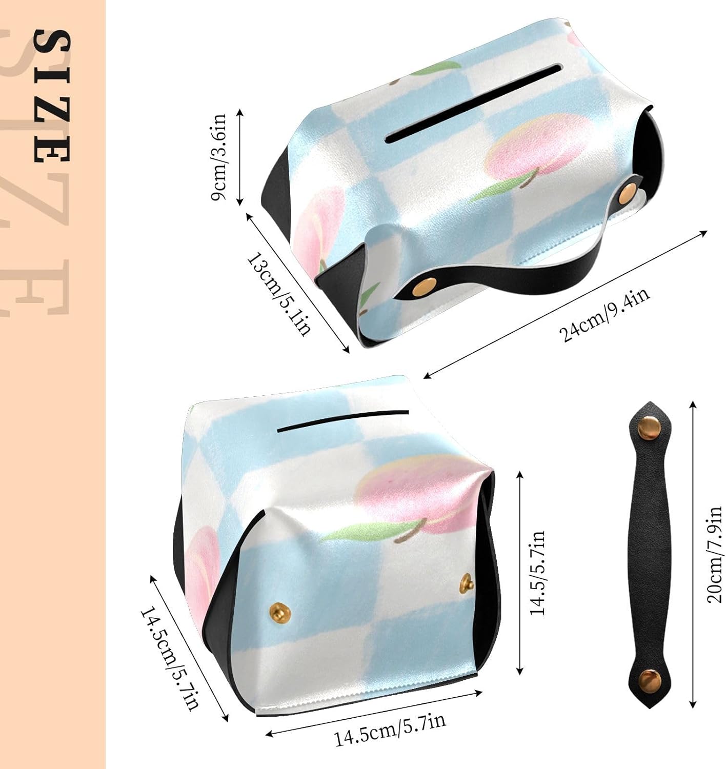 Leather tissue holder Hanging napkin holder sun visor with Adjustable straps & zipper Reusable tissue dispenser box Pink Peach Checkered Pattern