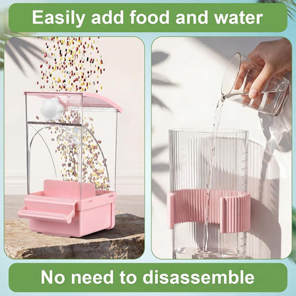 Novabright No Mess Bird Feeder Water Dispenser Set, Automatic Transparent Bird Food Container and 12 oz Automatic Water Feeder for Small Birds Parrot, Cockatoo, Canary, Cage, Lovebird, Budgies (Pink)