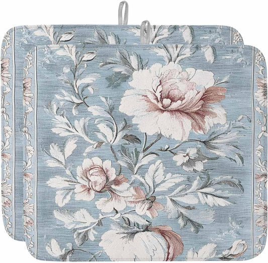 Light Blue Pink Floral Dish Drying Mat, Vintage Botanical Flowers Absorbent Dish Drying Matt Pad for Kitchen Countertops, Sinks, Dish Drainer Racks, Small 16x18in 2PCS