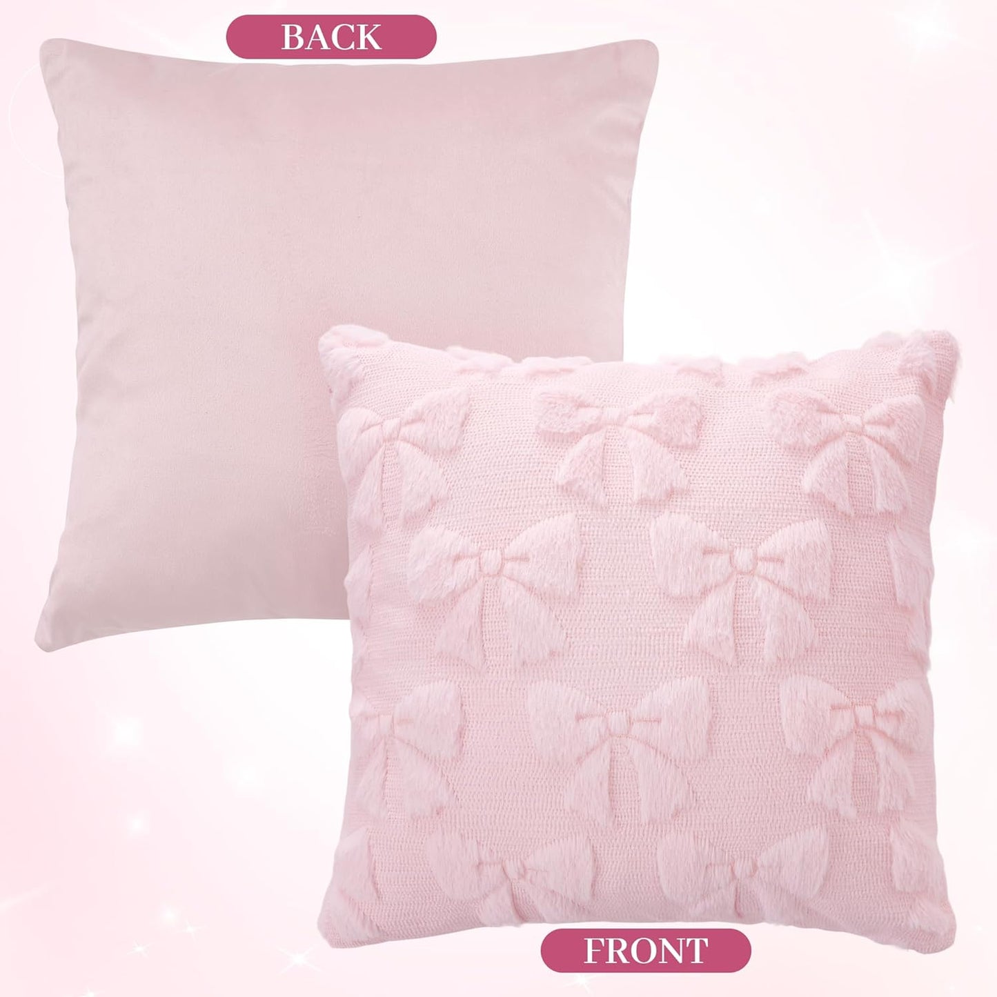 phnydreg Pack of 2 Pink Bow Throw Couch Pillow Covers 18x18in Plush Faux Fabric Pillowcases for Living Room Couch Bed Sofa Decor