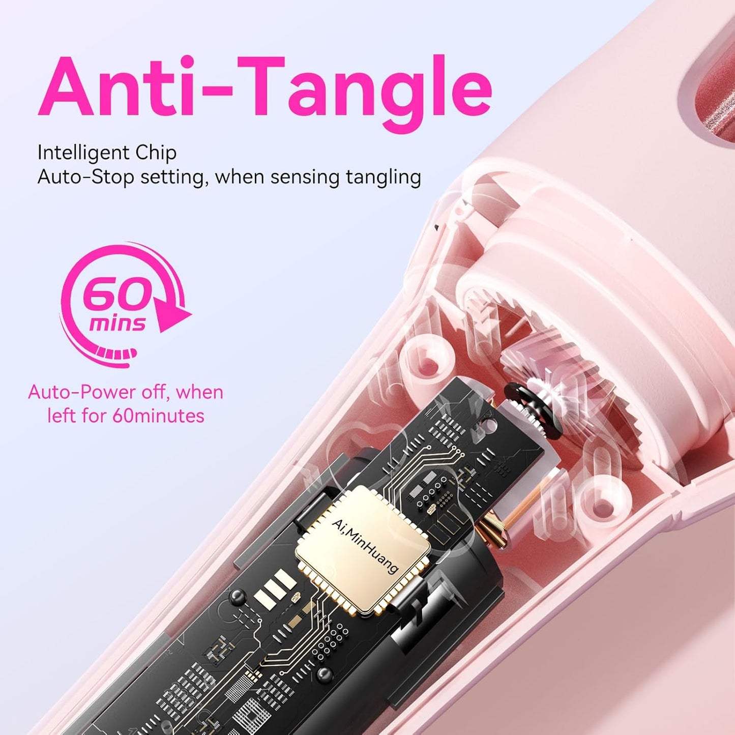 Auto Curling Iron 1.25 Inch, Rotating Hair Curler for Beach Waves, AutomaticHair Curler with Anti-Scald & Anti-Tangle, Ceramic Curling Wand for Long Hair, Dual Voltage, Pink