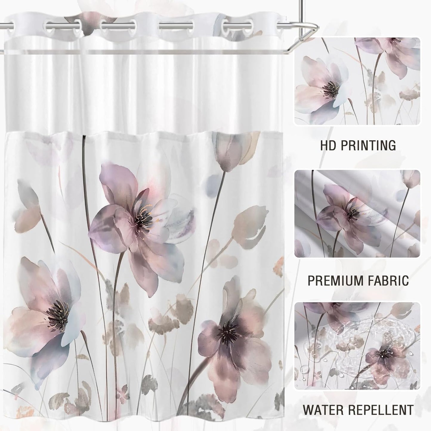 No Hook Shower Curtain and Liner Set, Pink Boho Floral Shower Curtains for Bathroom, Watercolor Flower Waterproof Bathroom Curtain Sets with Snap in Liner, 71x74 Inch