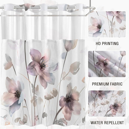No Hook Shower Curtain and Liner Set, Pink Boho Floral Shower Curtains for Bathroom, Watercolor Flower Waterproof Bathroom Curtain Sets with Snap in Liner, 71x74 Inch