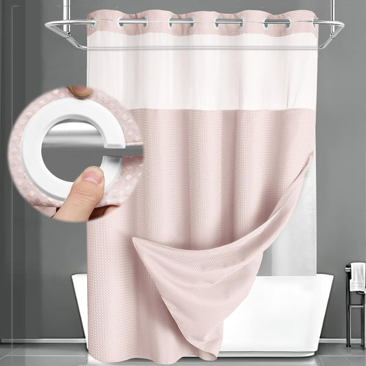 No Hook Shower Curtain and Liner Set,Blush Pink Hotel Waffle Shower Curtain with Liner 75" L x 72" W